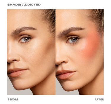 {Addicted (apricot)} Before/after model comparison showing Huephoric Rush 3-In-1 Silk Blush in shade SHADE: ADDICTED, warm coral-pink blush on cheeks — BEFORE and AFTER.