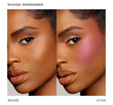 {Energized (lavender)} Before/after comparison showing shade Energized Huephoric Rush 3-In-1 Silk Blush applied to cheek on deep skin tone; text reads "SHADE: ENERGIZED," "BEFORE," "AFTER."