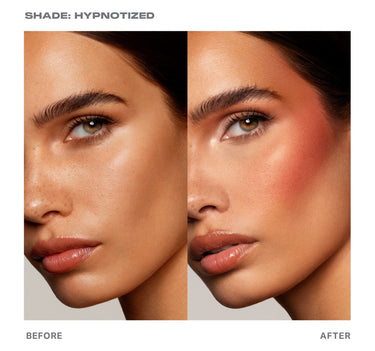 {Hypnotized (rose terracotta)} SHADE: HYPNOTIZED before and after model wearing Morphe Huephoric Rush 3-In-1 Silk Blush in a peachy-coral flush on cheeks and temples — BEFORE / AFTER