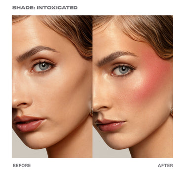 {Intoxicated (rose mauve)} Before and after — "SHADE: INTOXICATED" — showing Huephoric Rush 3-In-1 Silk Blush in Intoxicated rose-mauve blush swept across model