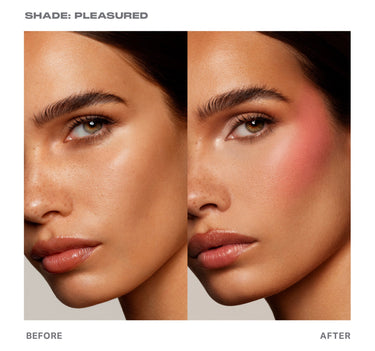 {Pleasured (warm pink)} Before and after model showing Huephoric Rush 3-In-1 Silk Blush in shade PLEASURED — warm peachy-pink blush swept across cheek.