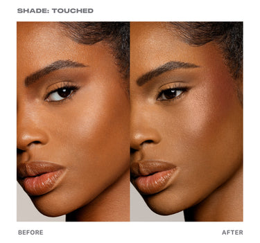{Touched (mahogany)} SHADE: TOUCHED before-and-after model showing enhanced cheekbones and luminous finish with Huephoric Rush 3-In-1 Silk Blush — BEFORE | AFTER