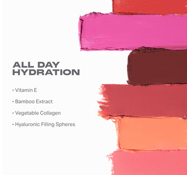 {Hypnotized (rose terracotta)} Huephoric Rush 3-In-1 Silk Blush shade smears showing ALL DAY HYDRATION — Vitamin E, Bamboo Extract, Vegetable Collagen, Hyaluronic Filling Spheres.