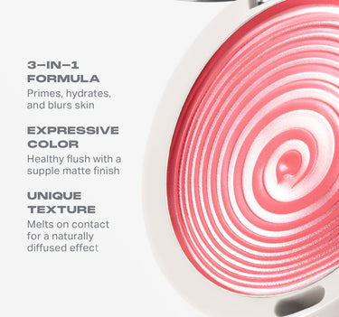 {Hypnotized (rose terracotta)} Huephoric Rush 3-In-1 Silk Blush close-up with callouts: 3-IN-1 FORMULA Primes, hydrates, and blurs skin; EXPRESSIVE COLOR Healthy flush with a supple matte finish; UNIQUE TEXTURE Melts on contact for a naturally diffused effect.