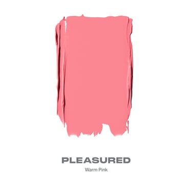{Pleasured (warm pink)} Huephoric Rush 3 In 1 Silk Blush shade swatch labeled PLEASURED, Warm Pink, showing a creamy warm pink texture smear.