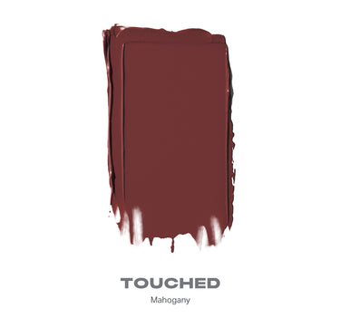 {Touched (mahogany)} Swatch of Huephoric Rush 3-In-1 Silk Blush in deep burgundy, labeled TOUCHED Mahogany, showing silk texture.
