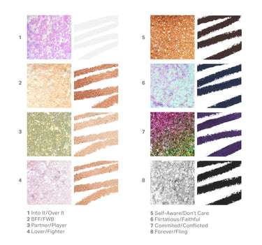 {Committed/Conflicted} Mixed Signals Dual Ended Cream & Liquid Shadow Stick 8-shade swatch chart: 1 Into It/Over It, 2 BFF/FWB, 3 Partner/Player, 4 Lover/Fighter, 5 Self-Aware/Don