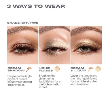 {Committed/Conflicted} Mixed Signals Dual Ended Cream A Liquid Shadow Stick "3 WAYS TO WEAR" infographic for shade BFF/FWB showing Cream Shadow, Liquid Flakes, and Cream & Liquid looks with step-by-step application descriptions.