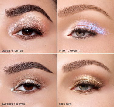 {BFF/FWB} Four eye looks of Mixed Signals Dual-Ended Cream & Liquid Shadow Stick labeled LOVER / FIGHTER, INTO IT / OVER IT, PARTNER / PLAYER, and BFF / FWB.