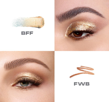 {BFF/FWB} Mixed Signals Dual-Ended Cream & Liquid Shadow Stick macro grid showing BFF iridescent glitter swatch and eye look alongside FWB bronze liner swatch and eye look.