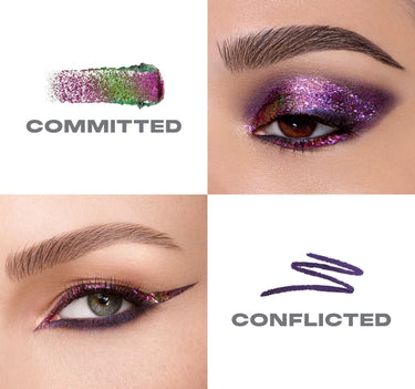 {Committed/Conflicted} Mixed Signals Dual-Ended Cream & Liquid Shadow Stick macro grid: COMMITTED pink-green glitter swatch and full-lid glitter eye look; CONFLICTED deep purple liner swatch and graphic liner eye look.