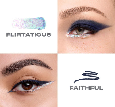 {Flirtatious/Faithful} Mixed Signals Dual Ended Cream & Liquid Shadow Stick swatches and eye looks: FLIRTATIOUS iridescent glitter and FAITHFUL navy cream.