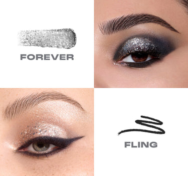 {Forever/Fling} Mixed Signals Dual Ended Cream & Liquid Shadow Stick infographic showing "FOREVER" silver glitter cream swatch and "FLING" black liquid liner swatch alongside two eye looks.