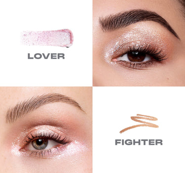 {Lover/Fighter} Mixed Signals Dual Ended Cream & Liquid Shadow Stick quad showing LOVER pink glitter swatch and FIGHTER warm bronze swatch with both shades applied on model eyes.