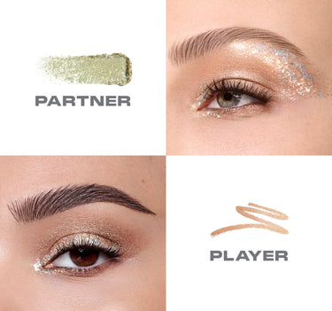{Partner/Player} Mixed Signals Dual Ended Cream & Liquid Shadow Stick swatches and model eye looks: PARTNER pale gold-green glitter and PLAYER warm bronze shimmer.