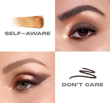 {Self Aware/Dont Care} Mixed Signals Dual Ended Cream A Liquid Shadow Stick macro collage showing SELF–AWARE golden glitter swatch and DON