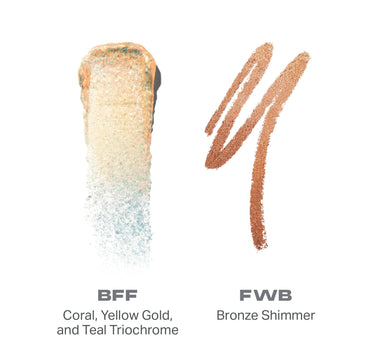 {BFF/FWB} Mixed Signals Dual-Ended Cream & Liquid Shadow Stick swatches: BFF (Coral, Yellow Gold, and Teal Triochrome) and FWB (Bronze Shimmer).