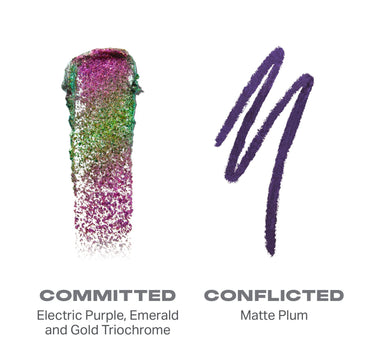 {Committed/Conflicted} Mixed Signals Dual Ended Cream & Liquid Shadow Stick swatches: COMMITTED Electric Purple, Emerald and Gold Triochrome shimmer; CONFLICTED Matte Plum. | Mixed Signals Dual-Ended Cream & Liquid Shadow Stick | Secondary image