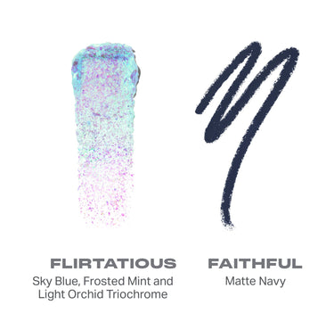 {Flirtatious/Faithful} Mixed Signals Dual Ended Cream & Liquid Shadow Stick swatches: FLIRTATIOUS Sky Blue, Frosted Mint and Light Orchid Triochrome iridescent; FAITHFUL Matte Navy.