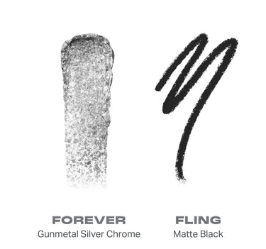 {Forever/Fling} Mixed Signals Dual Ended Cream & Liquid Shadow Stick swatches: FOREVER Gunmetal Silver Chrome, FLING Matte Black liquid