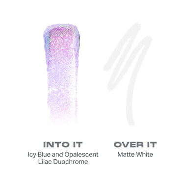 {Into It/Over It} Mixed Signals Dual Ended Cream A Liquid Shadow Stick shade swatches: INTO IT Icy Blue and Opalescent Lilac Duochrome cream swatch alongside OVER IT Matte White liquid swatch.