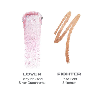 {Lover/Fighter} Mixed Signals Dual Ended Cream & Liquid Shadow Stick swatches: LOVER Baby Pink and Silver Duochrome and FIGHTER Rose Gold Shimmer.