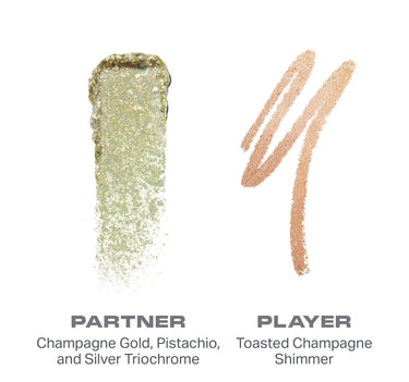 {Partner/Player} Mixed Signals Dual Ended Cream & Liquid Shadow Stick swatches: PARTNER (Champagne Gold, Pistachio, and Silver Triochrome) and PLAYER (Toasted Champagne Shimmer).