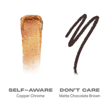 {Self Aware/Dont Care} Mixed Signals Dual Ended Cream & Liquid Shadow Stick shade swatches: SELF–AWARE Copper Chrome and DON
