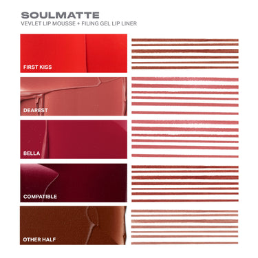 Soulmatte Filling Gel Lip Liner pairing swatch guide reading "SOULMATTE VELVET LIP MOUSSE + FILING GEL LIP LINER" with shades First Kiss, Dearest, Bella, Compatible, and Other Half shown in red-to-brown tones.