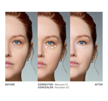 {Blossom 01} Three-panel before-and-after demo of Wakeup Artist Under Eye Correcting Concealer on under-eye area — BEFORE, CORRECTER: Blossom 01 / CONCEALER: Porcelain 2C, AFTER.