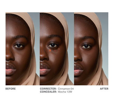 {Cinnamon 04} Before-and-after of Wakeup Artist Under Eye Correcting Concealer on deeper skin tone: BEFORE, CORRECTER: Cinnamon 04, CONCEALER: Mocha 13W, AFTER.