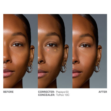 {Papaya 03} Before-and-after model triptych showing Wakeup Artist Under Eye Correcting Concealer with CORRECTER: Papaya 03 and CONCEALER: Toffee 10C applied under the eye.