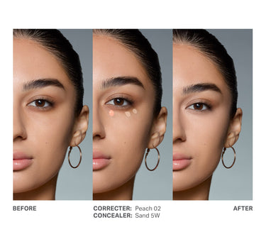 {Peach 02} Three-panel before-and-after showing Wakeup Artist Under Eye Correcting Concealer with CORRECTER: Peach 02 and CONCEALER: Sand 5W eliminating dark circles.