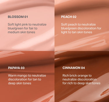 Wakeup Artist Under Eye Correcting Concealer shade-match guide: BLOSSOM 01 Soft light pink to neutralize blue/green for fair to medium skin tones; PEACH 02 Soft peach to neutralize blue/green discoloration for light to tan skin tones; PAPAYA 03 Warm mango to neutralize discoloration for tan to deep skin tones; CINNAMON 04 Rich brick orange to neutralize discoloration for rich to deep skin tones.
