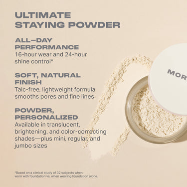 Morphe Totally Set Mini Brighten & Set Powder Duo benefits: Ultimate Staying Powder, 16-hour wear, 24-hour shine control, talc-free natural finish, translucent and brightening shades.