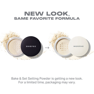 {Translucent Rich} Morphe Bake & Set Setting Powder packaging comparison showing black to cream jar redesign with beige powder; NEW LOOK, SAME FAVORITE FORMULA — Bake & Set Setting Powder is getting a new look. For a limited time, packaging may vary.