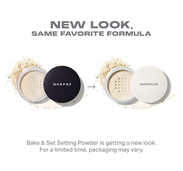 Morphe Bake & Set Setting Powder packaging update: New Look, Same Favorite Formula, old black lid changing to new white MORPHE lid.