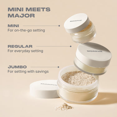 {Translucent Rich} Three Morphe Bake & Set Setting Powder sizes — Mini Meets Major: MINI For on-the-go setting, REGULAR For everyday setting, JUMBO For setting with savings.