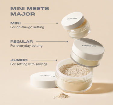 Morphe Bake & Set Soft-Focus Setting Powder size lineup: Mini for on-the-go, Regular for everyday, Jumbo for setting with savings.