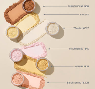 Bake & Set Setting Powder Jumbo six-shade lineup with swatches: Translucent, Translucent Rich, Banana, Banana Rich, Brightening Pink, Brightening Peach.