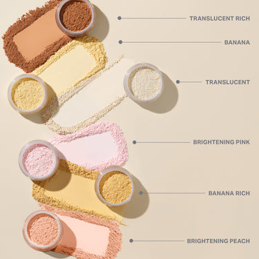 {Translucent Rich} Bake A Set Setting Powder swatches labeled TRANSLUCENT RICH, BANANA, TRANSLUCENT, BRIGHTENING PINK, BANANA RICH, and BRIGHTENING PEACH with open jars.