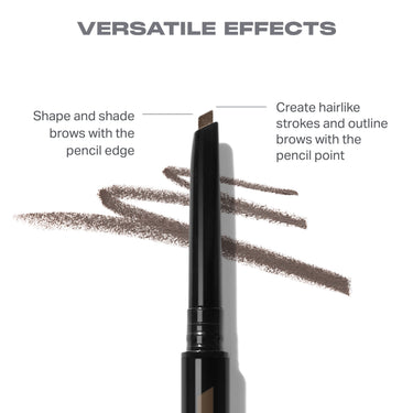 Morphe Definer Dual-Ended Brow Pencil tip close-up with brown swatches and callouts: "VERSATILE EFFECTS — Shape and shade brows with the pencil edge; Create hairlike strokes and outline brows with the pencil point."