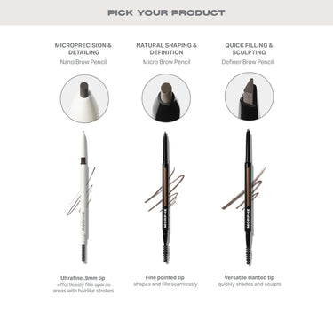 Morphe Nano Brow Pencil family infographic: "PICK YOUR PRODUCT" — Nano Brow Pencil (Microprecision & Detailing, Ultrafine .9mm tip effortlessly fills sparse areas with hairlike strokes), Micro Brow Pencil (Natural Shaping & Definition, Fine pointed tip shapes and fills seamlessly), and Definer Brow Pencil (Quick Filling & Sculpting, Versatile slanted tip quickly shades and sculpts), each shown with tip close-up and brown swatch strokes.