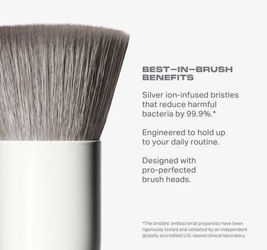 Ready Set Pro 16 Piece Face & Eye Brush Set benefits infographic: BEST-IN-BRUSH BENEFITS — Silver ion-infused bristles that reduce harmful bacteria by 99.9%.* Engineered to hold up to your daily routine. Designed with pro-perfected brush heads.