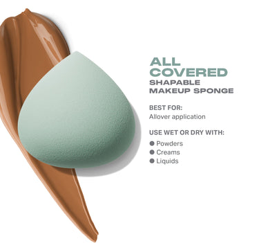 All Covered Shapable Makeup Sponge, mint teardrop sponge over a liquid foundation swatch — BEST FOR: Allover application; USE WET OR DRY WITH: Powders, Creams, Liquids. | All Covered Shapable Makeup Sponge | Secondary image