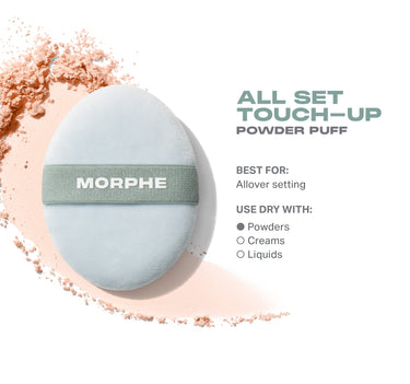 Morphe All Set Touch-Up Powder Puff with sage MORPHE band on a pale blue puff; text reads "ALL SET TOUCH-UP POWDER PUFF — BEST FOR: Allover setting — USE DRY WITH: Powders, Creams, Liquids." | All Set Touch-Up Powder Puff | Secondary image