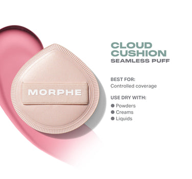 Morphe Cloud Cushion Seamless Puff with pink container; Best For: Controlled coverage. Use Dry With: Powders, Creams, Liquids. | Cloud Cushion Seamless Puff | Secondary image