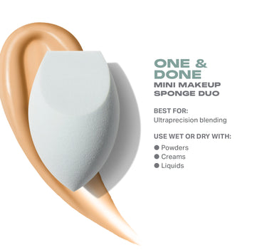 One & Done Mini Makeup Sponge Duo feature graphic with two pale blue mini sponges over a foundation swatch; text reads "ONE & DONE MINI MAKEUP SPONGE DUO BEST FOR: Ultraprecision blending USE WET OR DRY WITH: Powders, Creams, Liquids." | One & Done Mini Makeup Sponge Duo | Secondary image