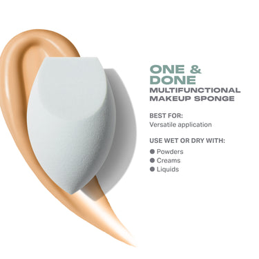 One & Done Multifunctional Makeup Sponge shown with a foundation swirl; Best For: Versatile application — Use Wet or Dry With: Powders, Creams, Liquids. | One & Done Multifunctional Makeup Sponge | Secondary image