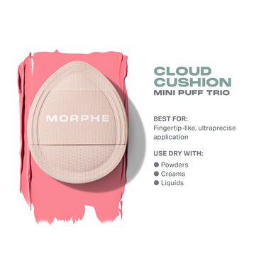 Morphe Cloud Cushion Mini Puff Trio Nude nude puff over pink product swatch — BEST FOR: Fingertip-like, ultraprecise application; USE DRY WITH: Powders, Creams, Liquids | Cloud Cushion Mini Puff Trio | Secondary image